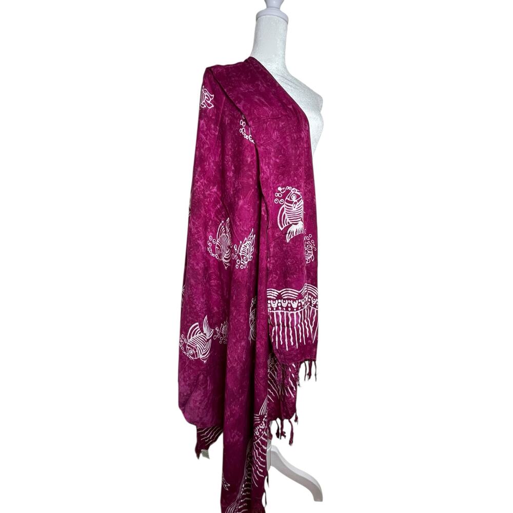 Pineapple Moon Maroon & White Sarong Scarf with Graphics of Fish 44"x64"